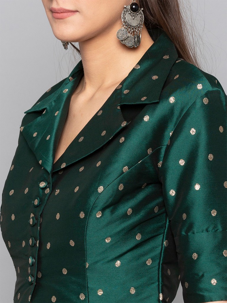 Green Polka Buttoned Square Neck Blouse